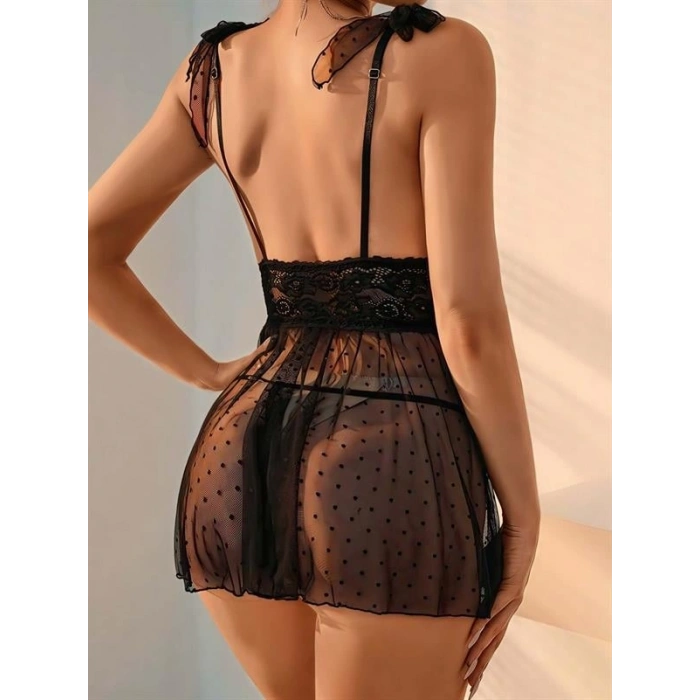 VipMarketim Siyah Dantel İşlemeli Puantiyeli Tül Fantezi Gecelik