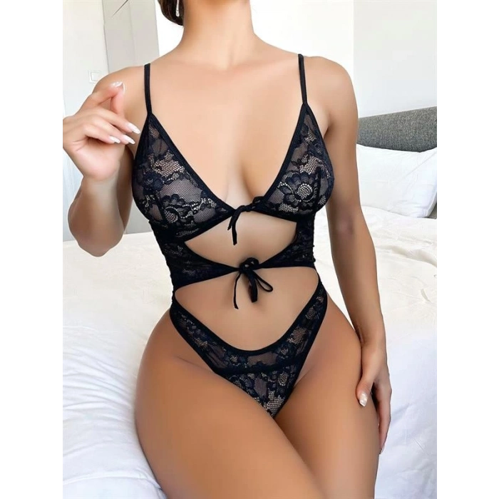 VipMarketim Siyah Dantelli Belden Bağlamalı Fantezi Body