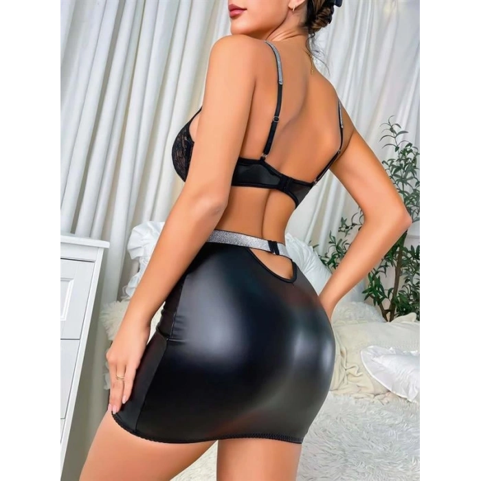 VipMarketim  Siyah Dantelli Dekolteli Mini Fantezi Parlak Deri Gecelik