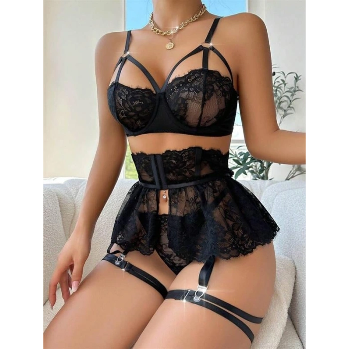 VipMarketim Siyah Dantelli Göğüs İp Detaylı Fantezi Jartiyer Takımı