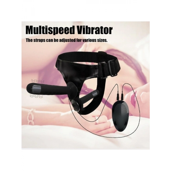 VipMarketim Siyah Double Dong Titreşimli Belden Bağlamalı Çift Taraflı Bisex Dildo Vibratör