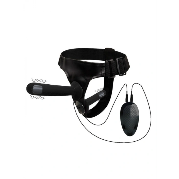 VipMarketim Siyah Double Dong Titreşimli Belden Bağlamalı Çift Taraflı Bisex Dildo Vibratör