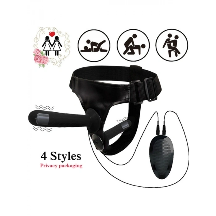 VipMarketim Siyah Double Dong Titreşimli Belden Bağlamalı Çift Taraflı Bisex Dildo Vibratör