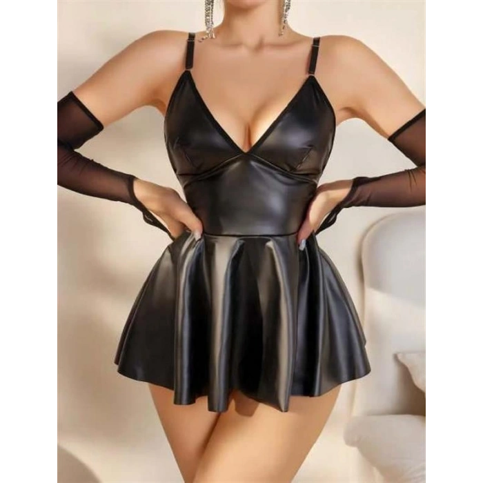 VipMarketim  Siyah Etekli Fantezi Deri Elbise