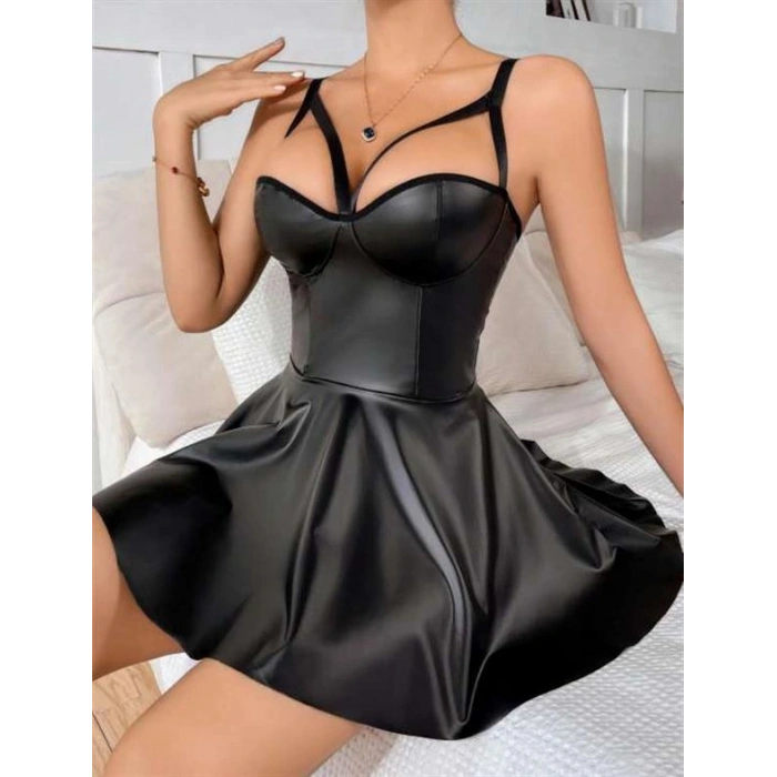 VipMarketim  Siyah Etekli Pileli Göğüs Detaylı Fantezi Deri Elbise