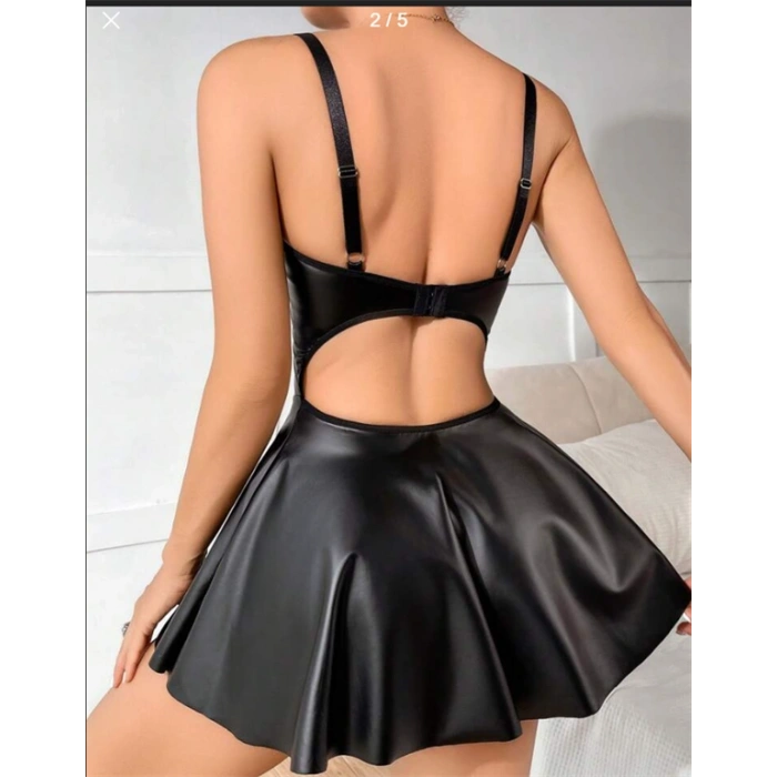 VipMarketim  Siyah Etekli Pileli Göğüs Detaylı Fantezi Deri Elbise