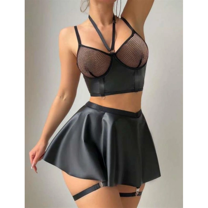 VipMarketim  Siyah Etekli Pileli Jartiyer Görünümlü Fileli Fantezi Deri Elbise