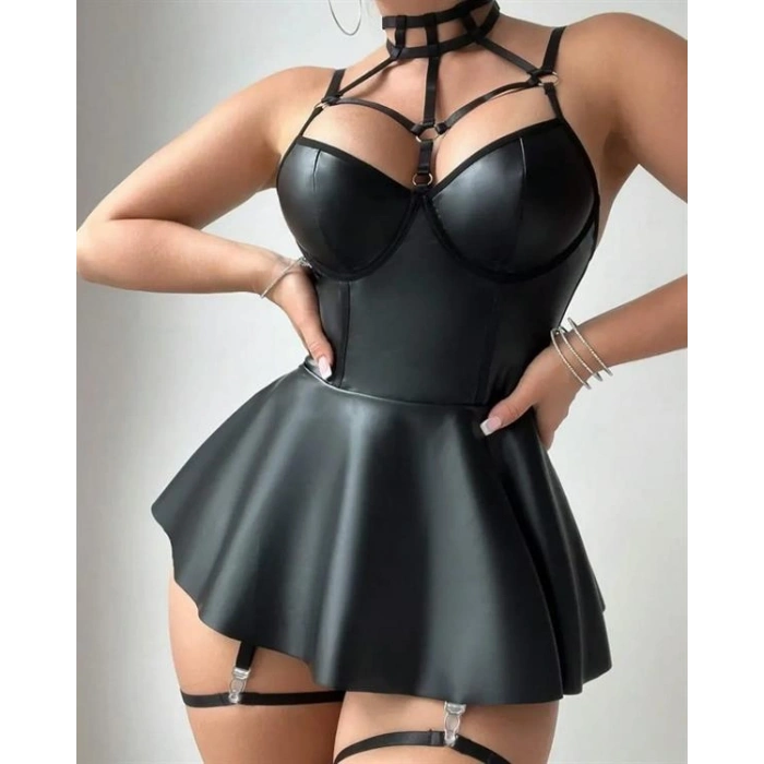 VipMarketim Siyah Fantezi Parlak Deri Şık Club Elbise