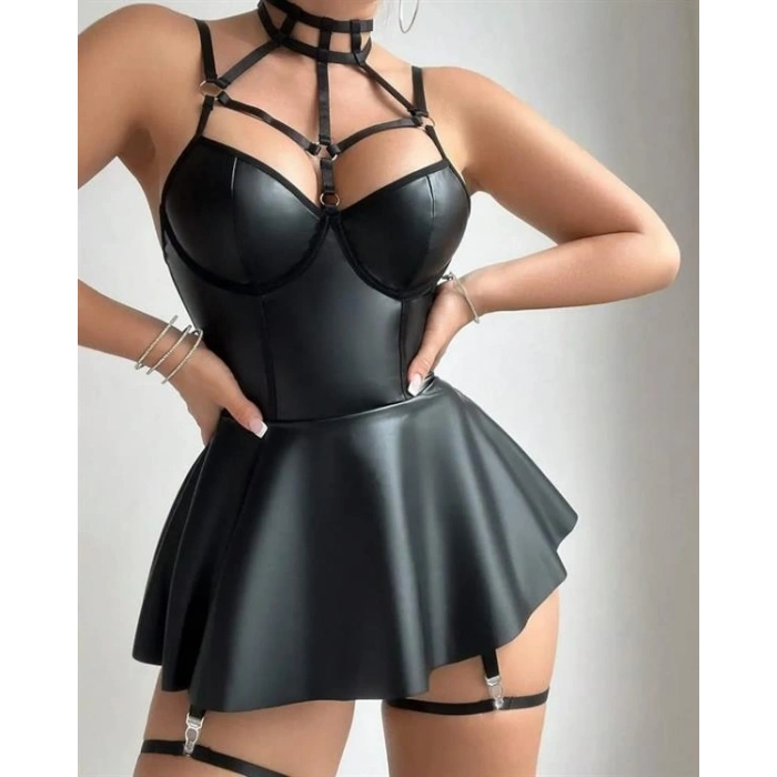 VipMarketim Siyah Fantezi Parlak Deri Şık Club Elbise