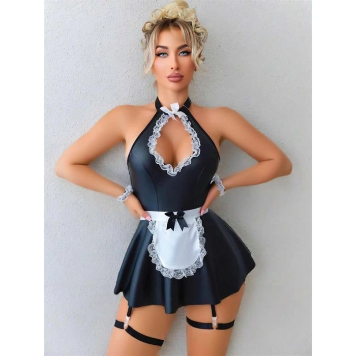 VipMarketim  Siyah Göğüs Dekolteli Boyundan Bağlamalı Mini Etekli Fantezi Deri Hizmetçi Kostümü