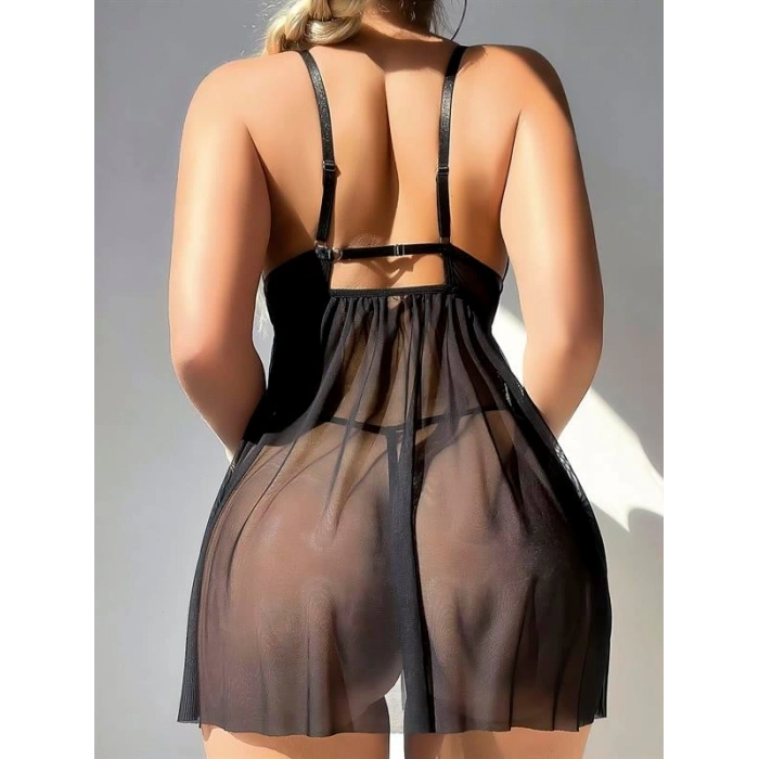 VipMarketim  Siyah Göğüs Detaylı Yırtmaçlı Fantezi Tül Gecelik