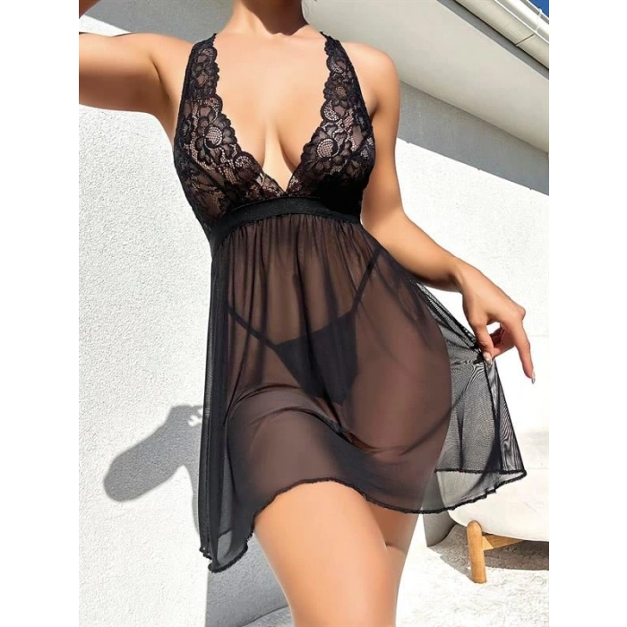VipMarketim Siyah Göğüs Kısmı Ve Sırtı Dantel Mini Tül Fantezi Gecelik