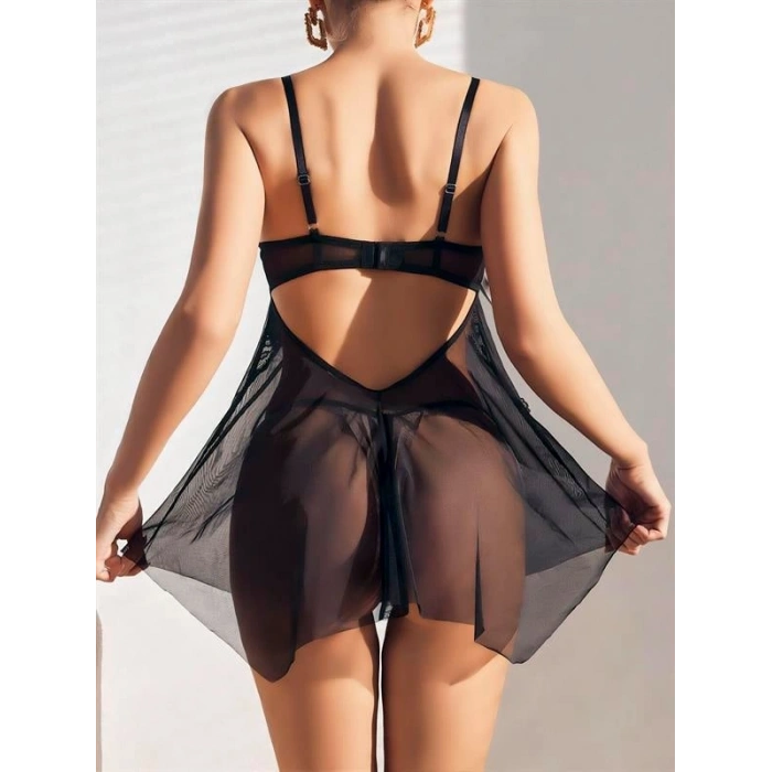 VipMarketim  Siyah Göğüsleri Kurdela Detaylı Fantezi Şık Tül Gecelik