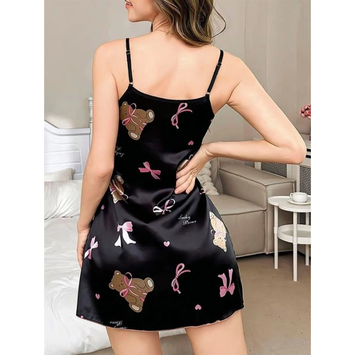 VipMarketim Siyah İnce Askılı Ayıcık Desenli Saten Mini Gecelik