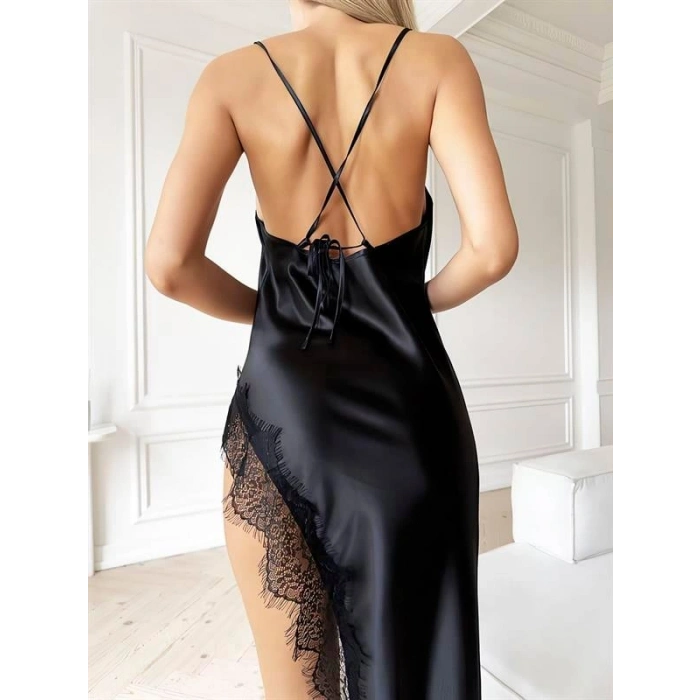 VipMarketim Siyah İnce Askılı Dantel İşlemeli Sırt Dekolteli Uzun Saten Gecelik