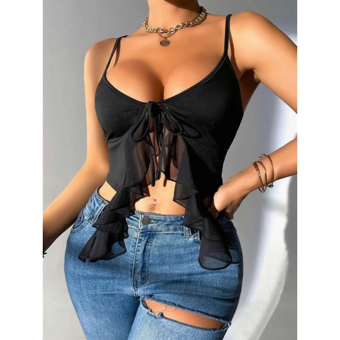 VipMarketim  Siyah İnce Askılı Önden Bağlamalı Fırfır Detaylı Crop