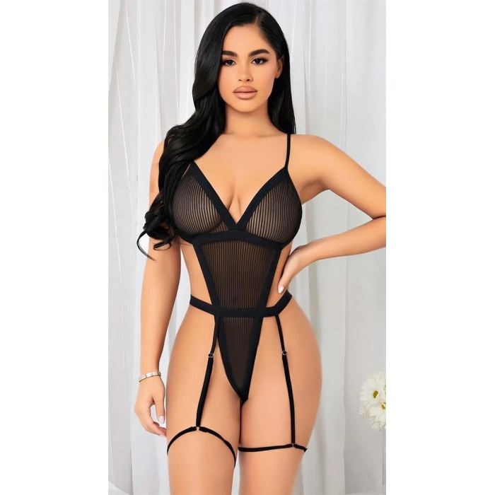 VipMarketim Siyah İp Detaylı Tül Fantezi Body