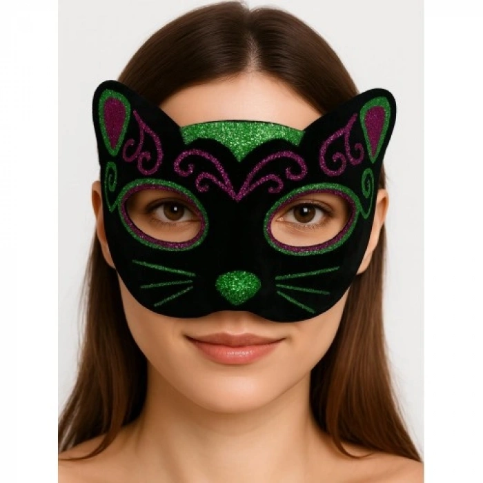 VipMarketim Siyah Kadife Kaplama Üzeri Pembe Yeşil Sim İşlemeli Kedi Maskesi 20x13 cm