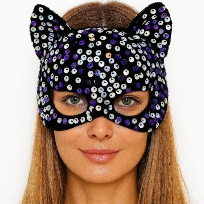 VipMarketim Siyah Kadife Kumaş Üzerine Mor Beyaz Payetli Pullu Parti Maskesi 16x14 cm