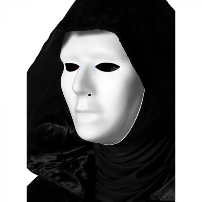 VipMarketim Siyah Kapüşonlu 120 cm Pelerin ve Beyaz Boyanabilir Tam Yüz Maske