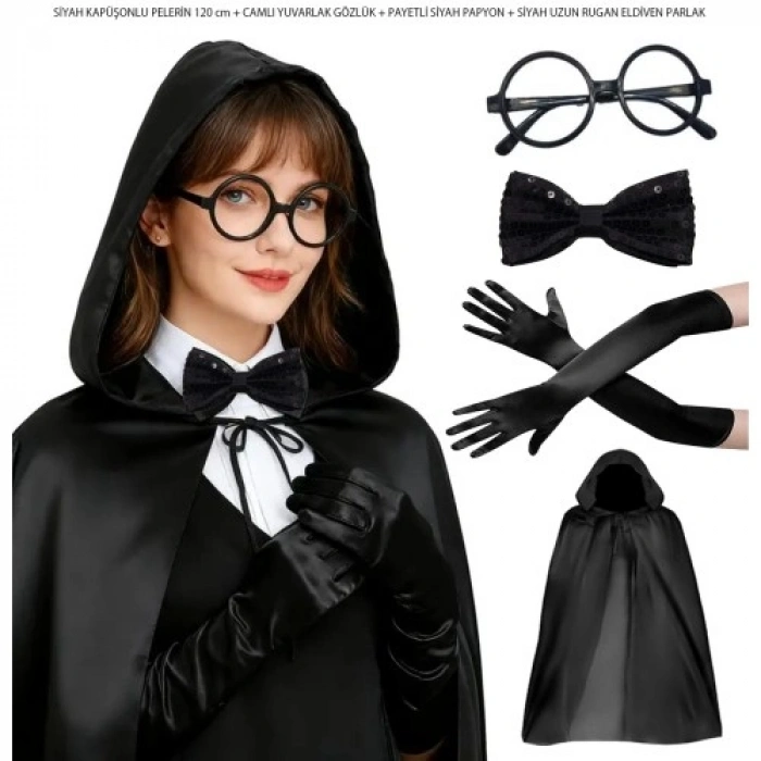 VipMarketim Siyah Kapüşonlu Büyücü ve Cadı Pelerin Kostüm Seti (4 Parça)