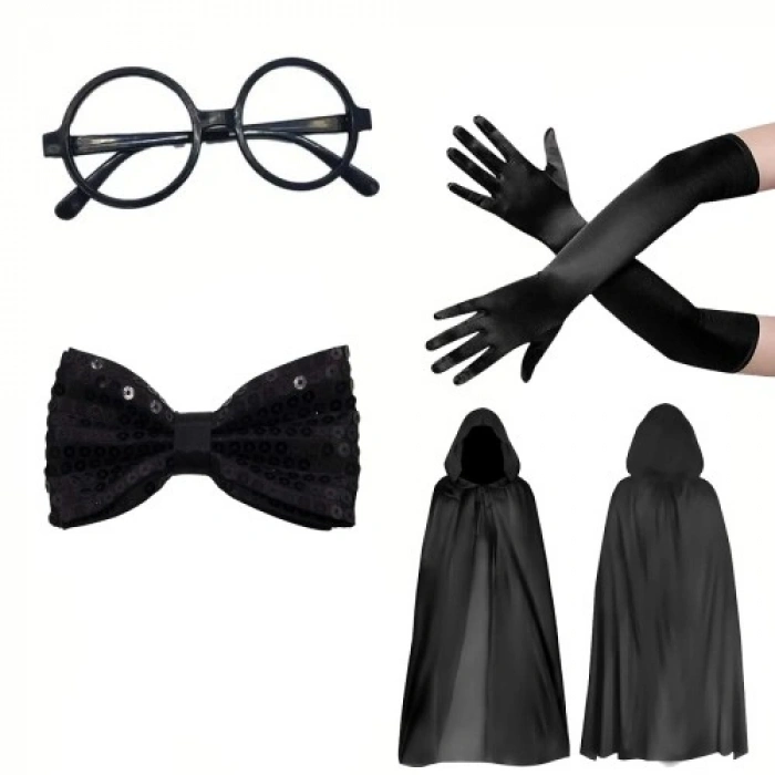 VipMarketim Siyah Kapüşonlu Büyücü ve Cadı Pelerin Kostüm Seti (4 Parça)