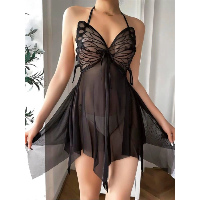 VipMarketim Siyah Kelebek İşlemeli Tül Fantezi Gecelik