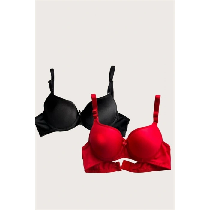 VipMarketim  Siyah-kırmızı 2li Mikro Kumaş İçi Boş Balenli Günlük Desteksiz Sütyen
