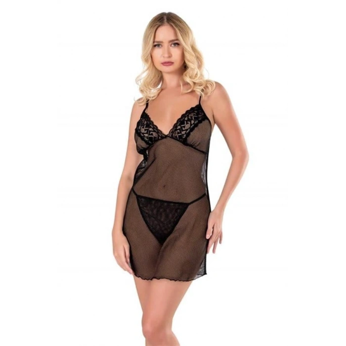 VipMarketim Siyah Kısa File-Tül Gecelik (Kod:8124)