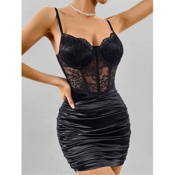 Vipmarketim Siyah Kolsuz Seksi Dantelli Çiçek Desenli Fantezi Elbise