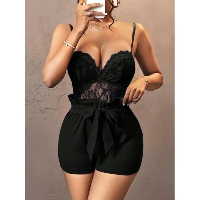 Vipmarketim Siyah Kuşak Ve Dantel Detaylı Fantezi Elbise