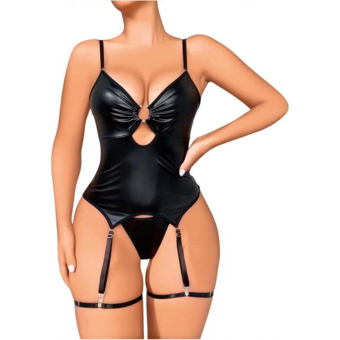 VipMarketim Siyah Lame Fantezi Deri Jartiyer Takımı