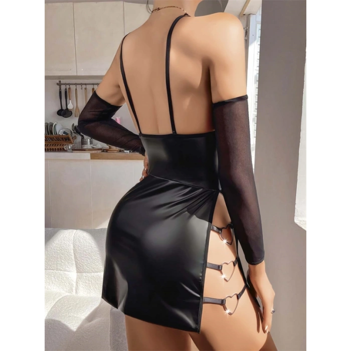 Vipmarketim Siyah Lame Yanları Kalp Detaylı Fantezi Deri Gecelik