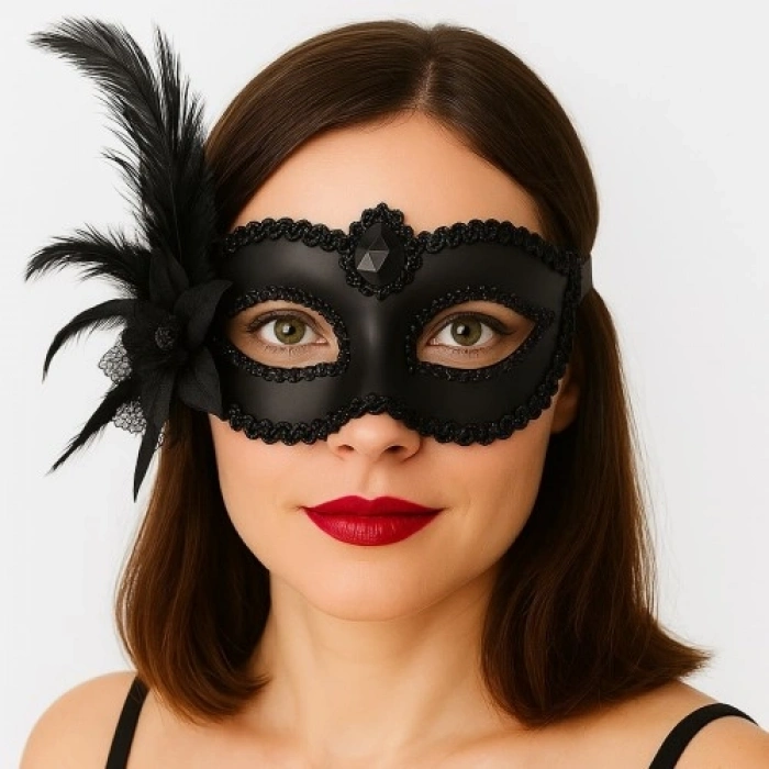 VipMarketim Siyah Mat Renk Yandan Tüylü Güllü Parti Balo Venedik Maskesi 16x22
