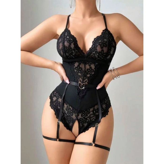VipMarketim  Siyah Özel Bölgesi Açık Dantel İşlemeli Jartiyer Görünümlü Fantezi Body