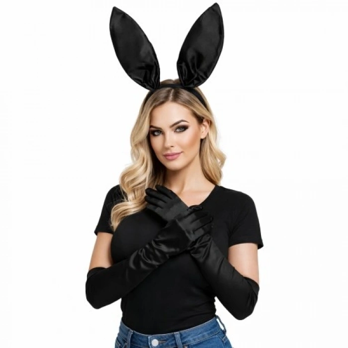 VipMarketim Siyah Parlak Tavşan Kulak ve 40 cm Parlak Siyah Eldiven Kostüm Seti
