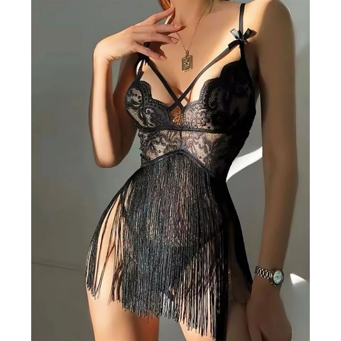 VipMarketim Siyah Püsküllü Dantel Detaylı Fantezi Gecelik