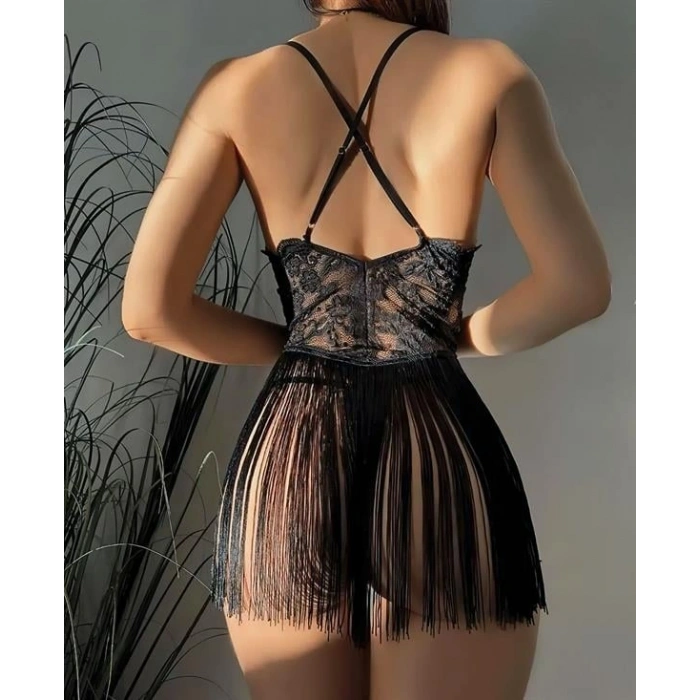 Vipmarketim Siyah Püsküllü Dantel Detaylı Fantezi Gecelik