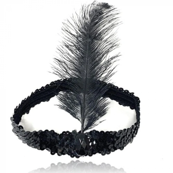 VipMarketim Siyah Renk Çarliston Başlık 90 lı Yıllar 80 li Yıllar Tüylü Saç Bandı