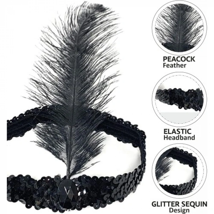 VipMarketim Siyah Renk Çarliston Başlık 90 lı Yıllar 80 li Yıllar Tüylü Saç Bandı