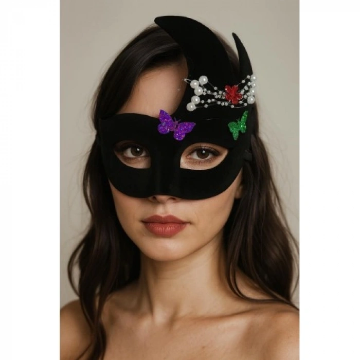 VipMarketim Siyah Renk İncili Taşlı Süet Kaplama Venedik Parti Maskesi 20x22 cm
