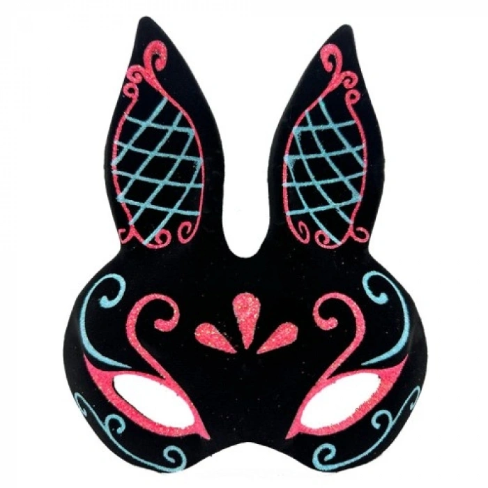 VipMarketim Siyah Renk Mavi Kırmızı Simli Siyah Süet Kaplama Tavşan Maskesi 18x16 cm