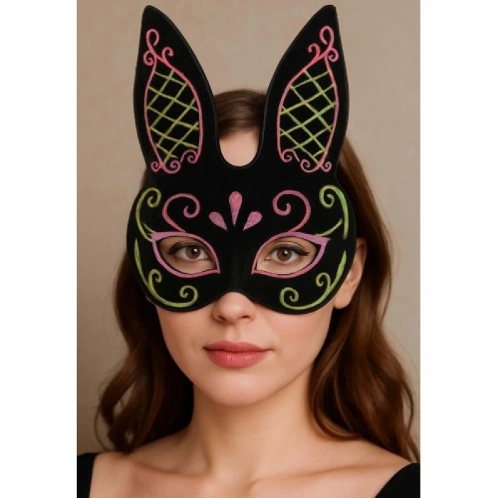 VipMarketim Siyah Renk Pembe Gold Simli Siyah Süet Kaplama Tavşan Maskesi 18x16 cm