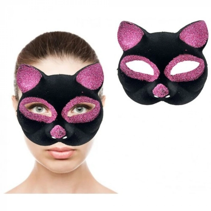 VipMarketim Siyah Renk Pembe Simli Kedi Maskesi