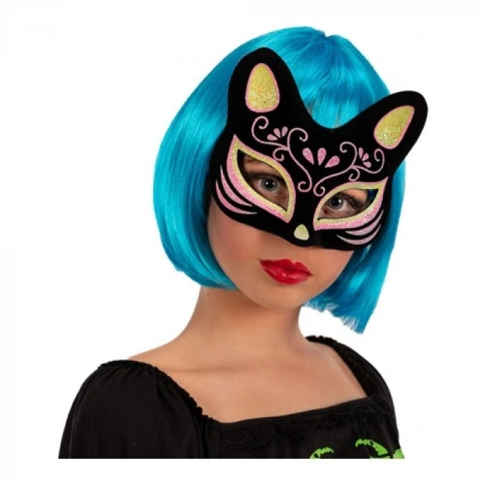 VipMarketim Siyah Renk Süet Kaplama Üzeri Sarı Pembe Simli Kedi Maskesi 17x14 cm