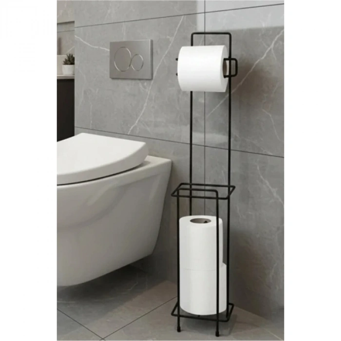 VipMarketim Siyah Standlı Yedek Hazneli Tuvalet Kağıtlığı