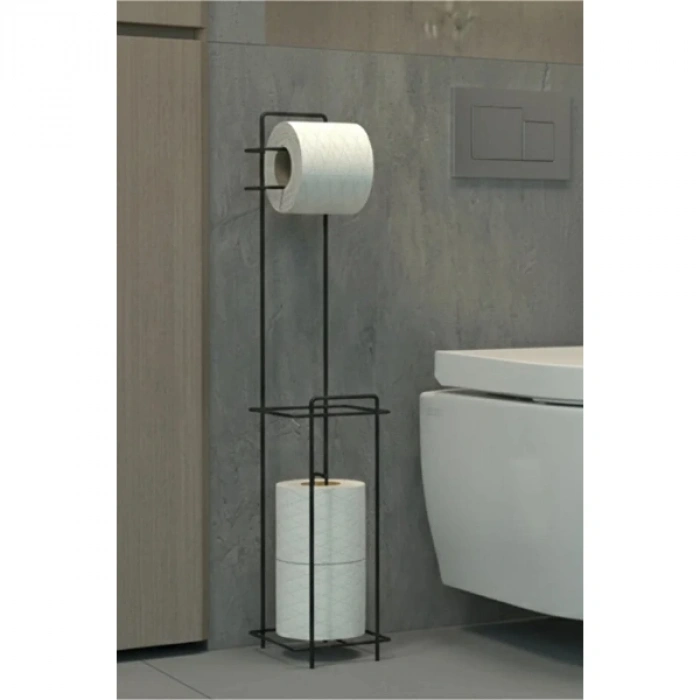 VipMarketim Siyah Standlı Yedek Hazneli Tuvalet Kağıtlığı
