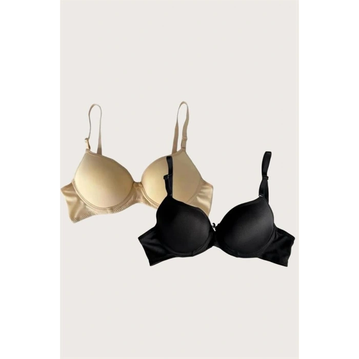 VipMarketim Siyah-Ten 2Li Mikro Kumaş Push Up Dolgulu Balenli Günlük Destekli Sütyen