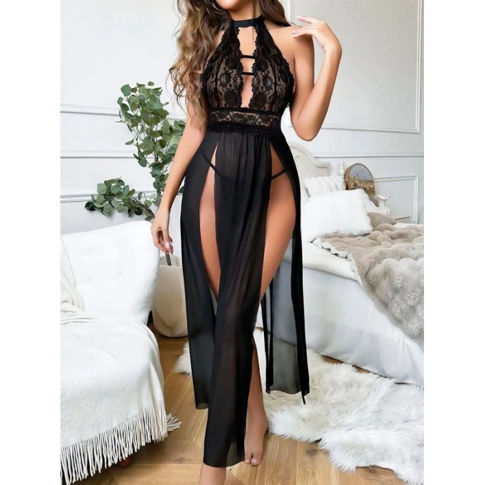 VipMarketim Siyah Uzun Derin Dekolteli Dantel Fantezi Gecelik