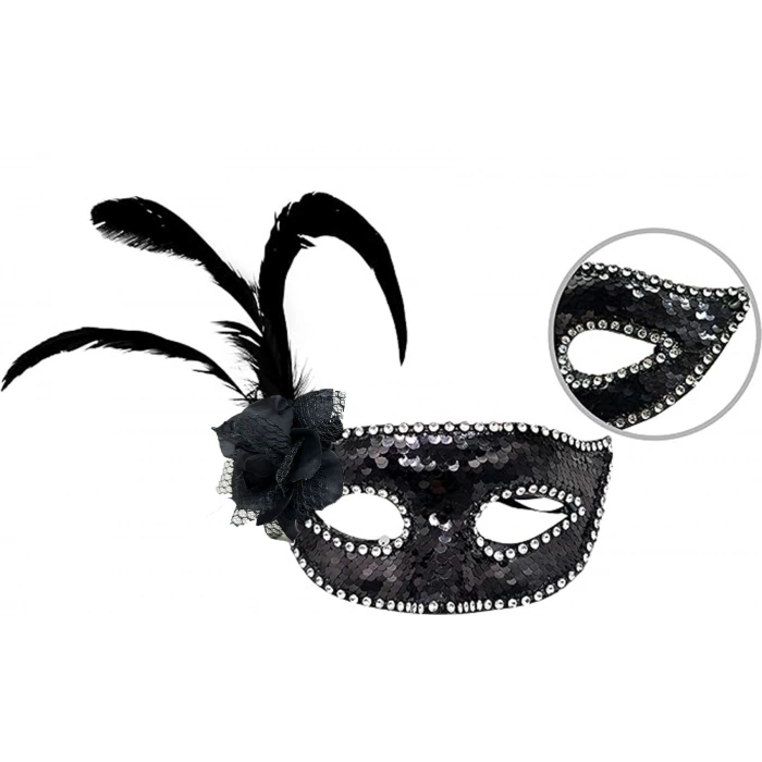 VipMarketim Siyah Yandan Tüylü Güllü Taşlı Pullu Maske